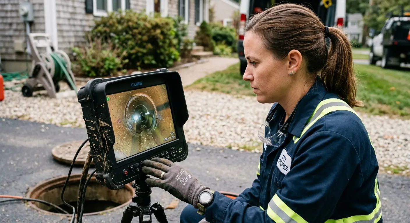 Technician reviewing sewer camera inspection footage in Farmington